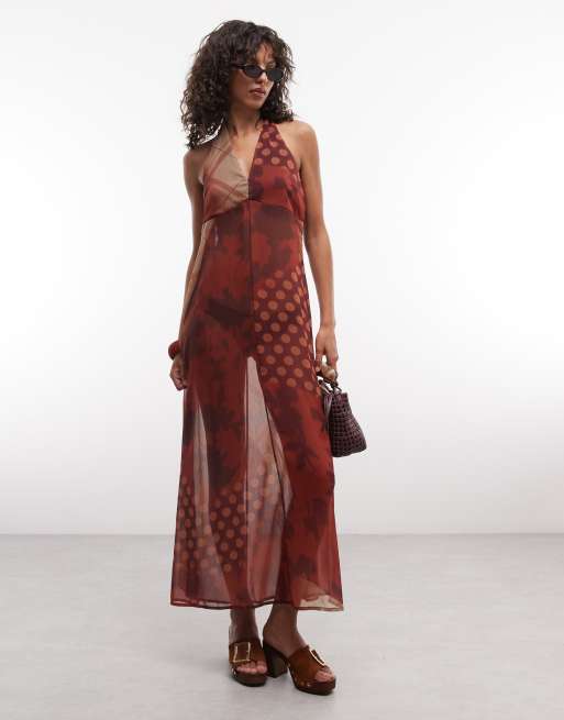 Reclaimed vintage chiffon halterneck maxi dress in mixed print, 1 of 4