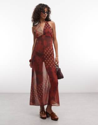 Reclaimed Vintage Chiffon Halterneck Maxi In Burgundy