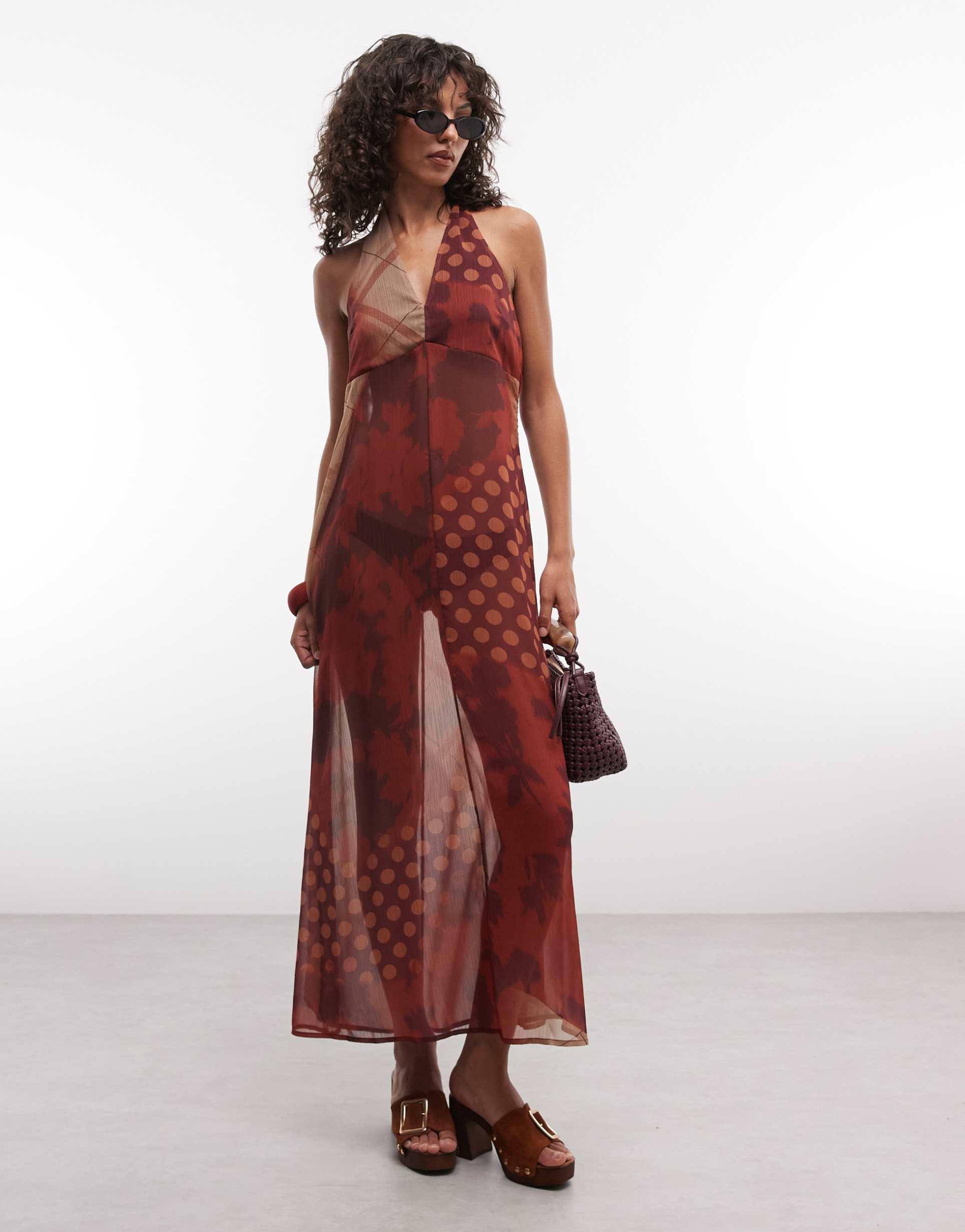 reclaimed vintage chiffon halterneck maxi in mixed print