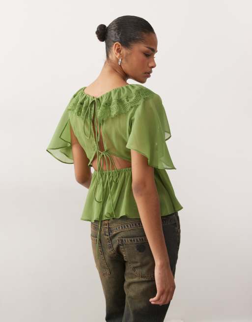 Reclaimed Vintage chiffon tea top with floaty sleeves and lace collar in green, 3 of 4