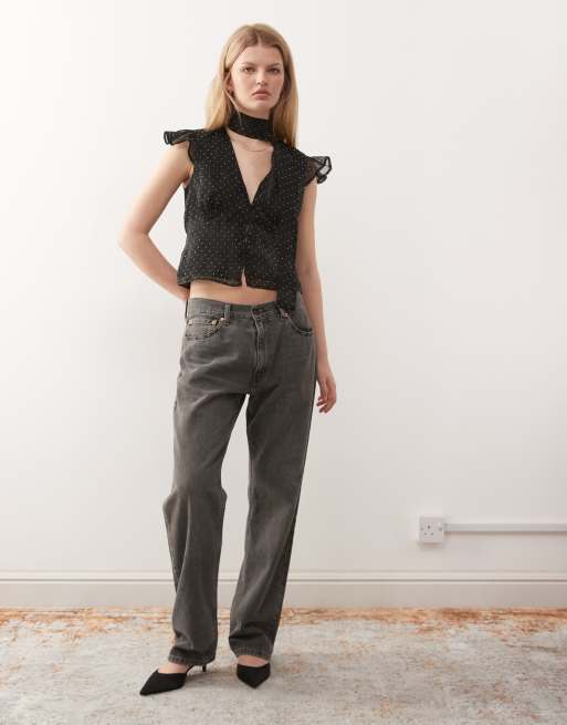 Reclaimed Vintage chiffon tea top with flutter sleeve and scarf in black diamante hotfix, 2 of 4
