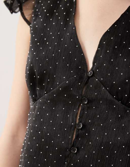 Reclaimed Vintage chiffon tea top with flutter sleeve and scarf in black diamante hotfix, 3 of 4