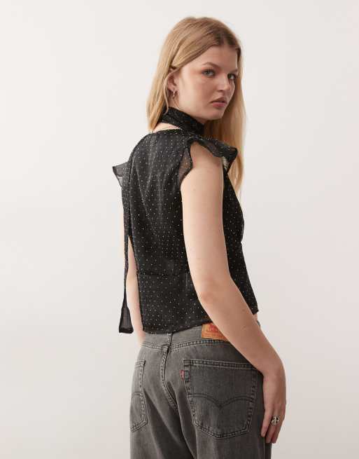 Reclaimed Vintage chiffon tea top with flutter sleeve and scarf in black diamante hotfix, 4 of 4
