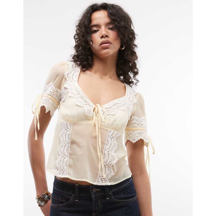 Reclaimed Vintage chiffon tea top with lace trim in cream | ASOS