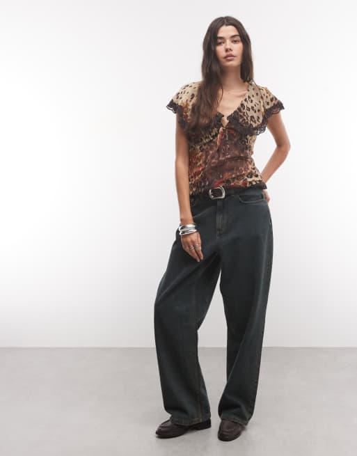 Reclaimed Vintage chiffon tea top with lace trims in animal floral, 2 of 4