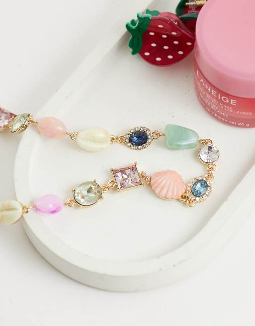 Reclaimed Vintage chocker gem stone and charm seashell necklace in multi , 2 of 4