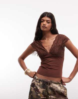 Reclaimed Vintage Chocolate Lace And And Jersey Mix Vest Top-brown