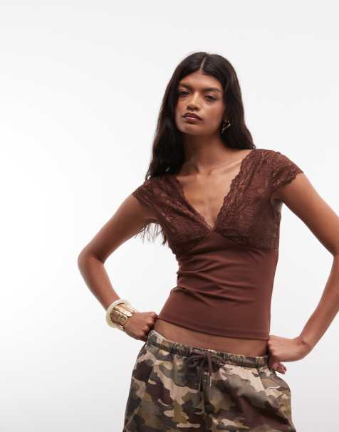 Reclaimed Vintage chocolate lace and and jersey mix vest top - view 1