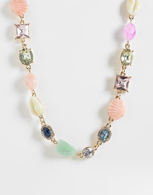 Reclaimed Vintage Choker Gem Stone And Charm Seashell Necklace In Multi