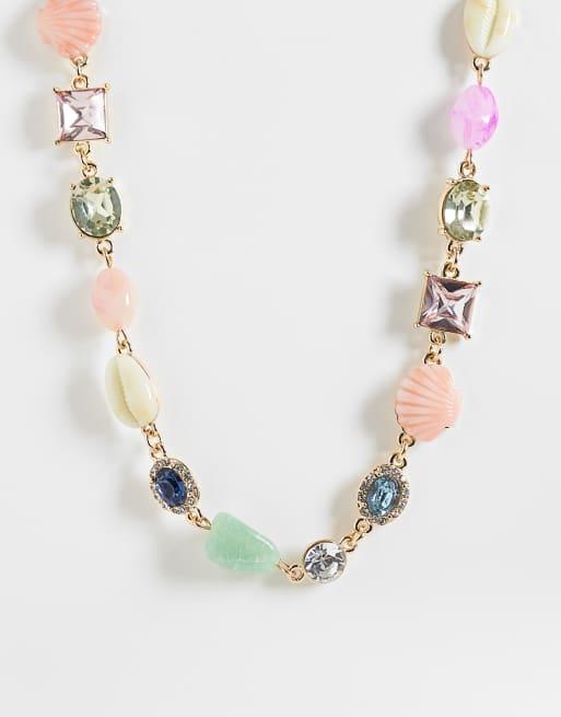 Reclaimed Vintage choker gemstone and charm seashell necklace in multi 