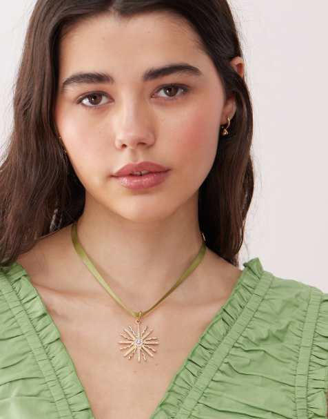 Reclaimed Vintage - Choker-halsbånd med grønt bånd og solvedhæng - view 1