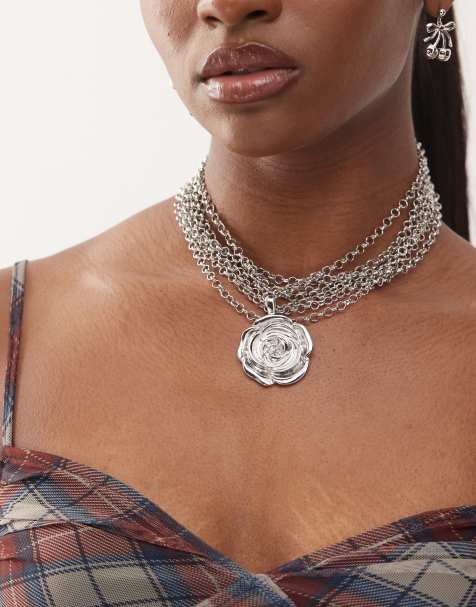 Reclaimed Vintage choker layered necklace with flower in silver - view 1