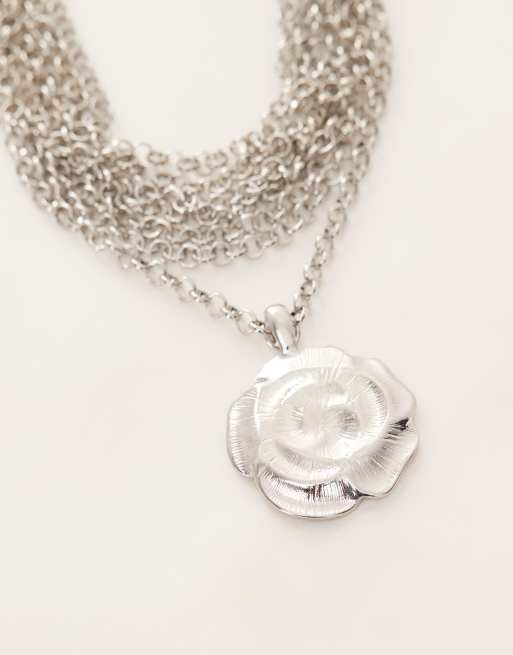 Reclaimed Vintage choker layered necklace with flower in silver, 3 of 3