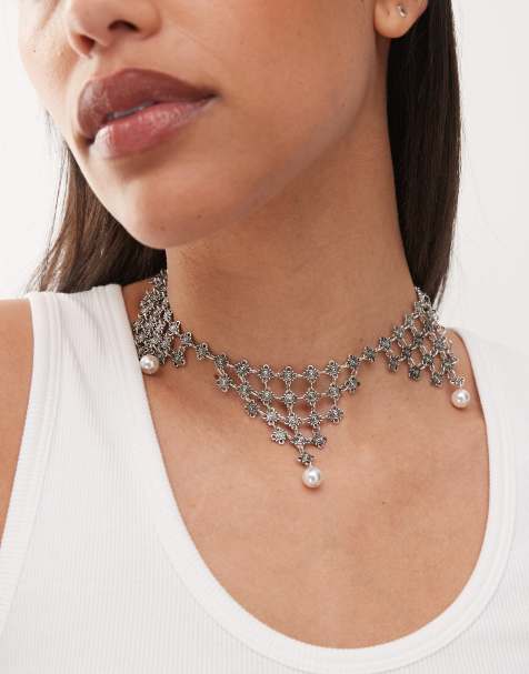 Reclaimed Vintage choker necklace with beads and pearls in silver - view 1