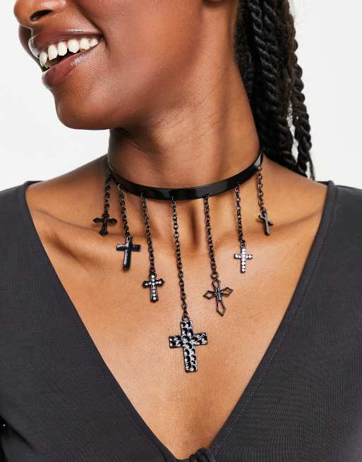 Reclaimed Vintage choker with drippy crosses in black