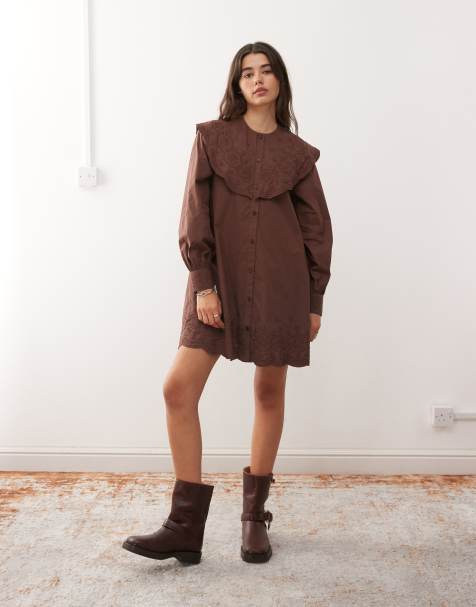 Reclaimed Vintage – Chokladbrun, kort skjortklänning med oversize-krage och blommig broderi - view 1