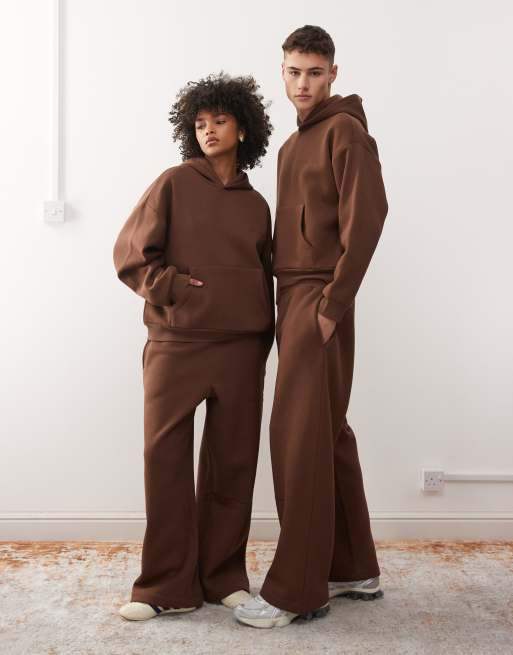 Reclaimed Vintage – Chokladbruna, kraftiga mjukisbyxor med vida ben i unisex-modell, del av set
