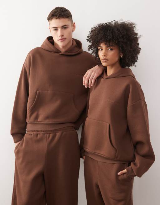 Reclaimed Vintage - Chokoladebrun unisex-hættetrøje i kraftigt materiale med firkantet pasform
