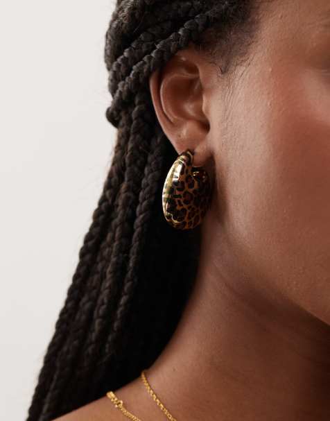 Reclaimed Vintage chubby hoop earrings in gold leopard print - view 1