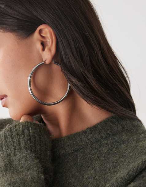Reclaimed Vintage chubby hoop earrings in silver - view 1