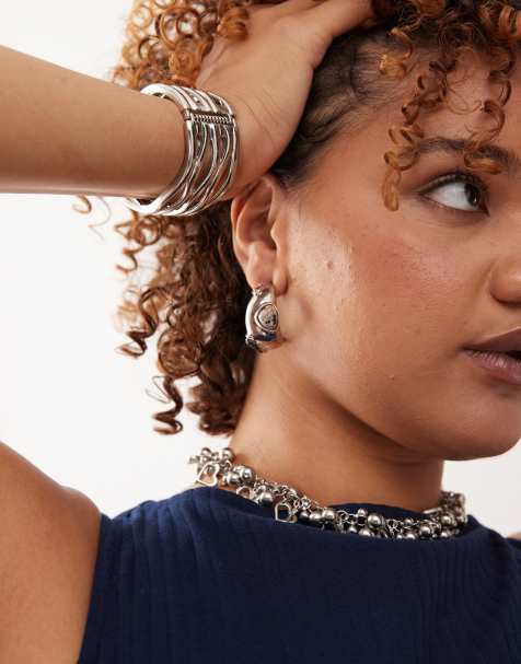 Reclaimed Vintage chubby hoop earrings with faux stone detail in silver - view 1