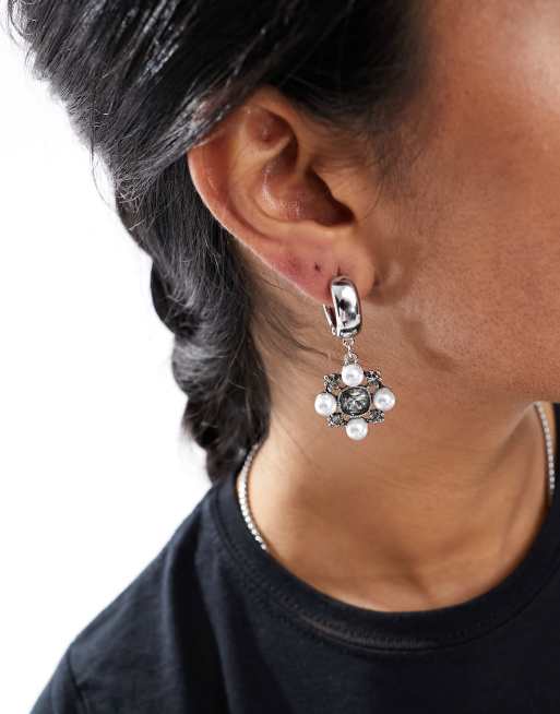 Reclaimed Vintage chubby hoop earrings with stone and pearl drop in silver