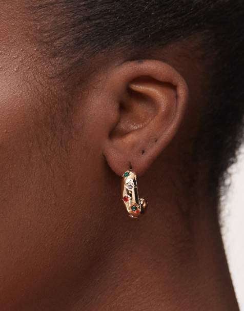Reclaimed Vintage chubby hoop earrings with stones in gold - view 1