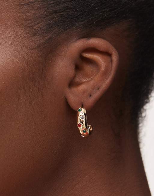 Reclaimed Vintage chubby hoop earrings with stones in gold