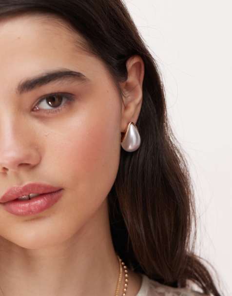 Reclaimed Vintage chubby pearl hoop drop earrings in gold - view 1