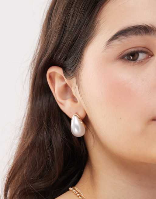 Reclaimed Vintage chubby pearl hoop drop earrings in gold