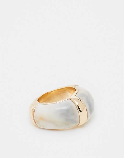 Reclaimed Vintage chubby ring with cream stone inlay in gold - view 1
