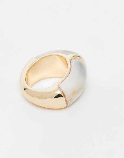 Reclaimed Vintage chubby ring with cream stone inlay in gold, 3 of 3