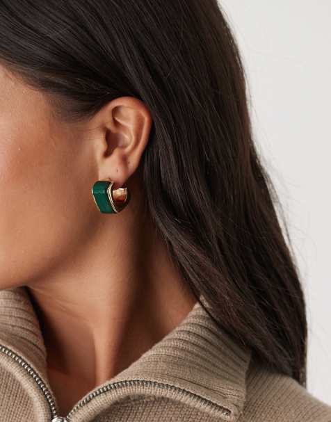 Reclaimed Vintage chubby square hoop earrings with faux green stone in gold - view 1