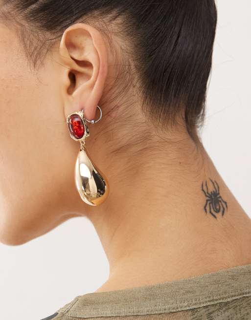 Reclaimed Vintage chubby teardrop earring red stone in gold ASOS