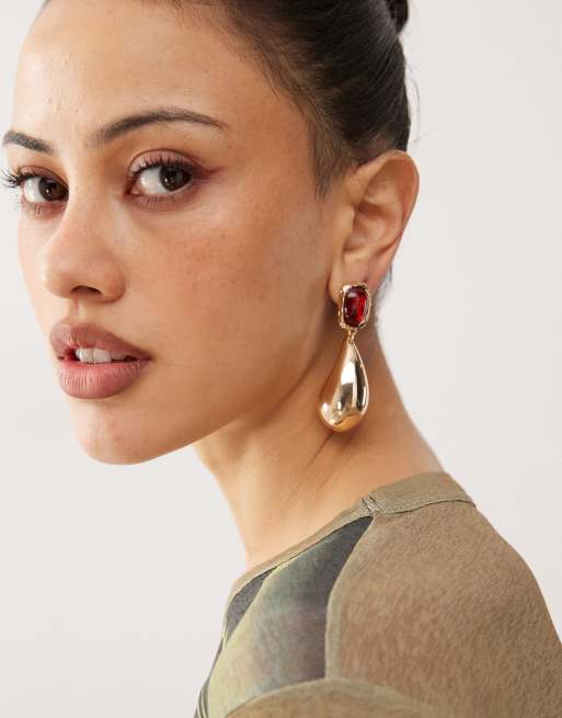 Reclaimed Vintage chubby teardrop earrings with red stone in gold