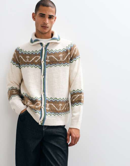 Reclaimed Vintage chunky knit fair isle cardigan in cream and blue, 1 of 5