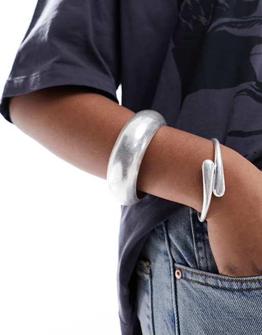 Reclaimed Vintage chunky molten bangle pack in silver, 2 of 4