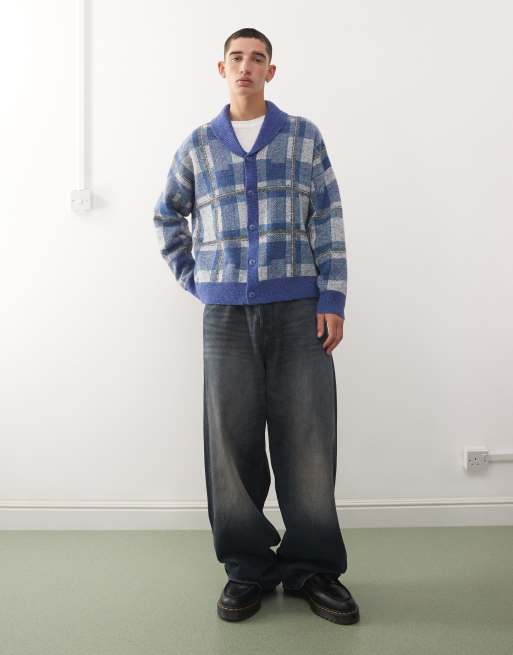 Reclaimed Vintage chunky neck knit cardigan in blue plaid , 2 of 5