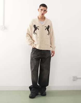 Reclaimed Vintage chunky neck knit cardigan with horse print in