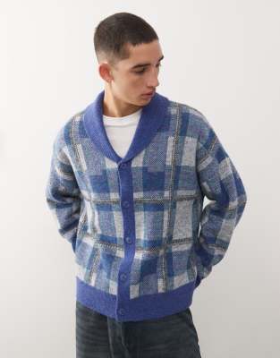 Reclaimed Vintage chunky neck knitted cardigan in blue check
