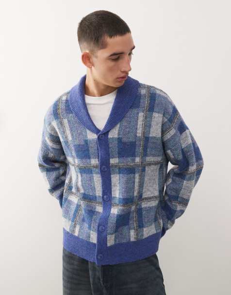 Reclaimed Vintage chunky neck knitted cardigan in blue check - view 1