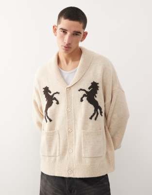 Reclaimed Vintage Reclaimed Vintage chunky neck knitted cardigan with horse print in cream-White