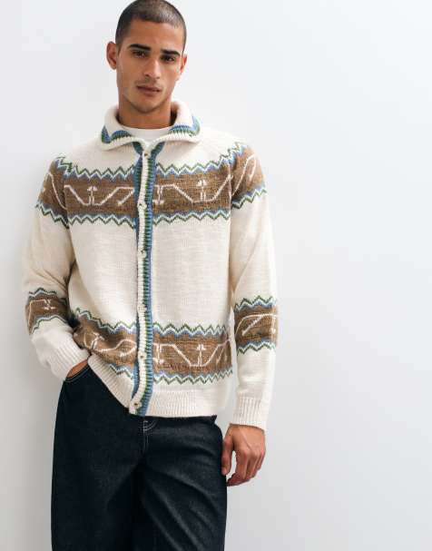 Reclaimed Vintage chunky strik-cardigan med fair isle-mønster i cream og blue - view 1