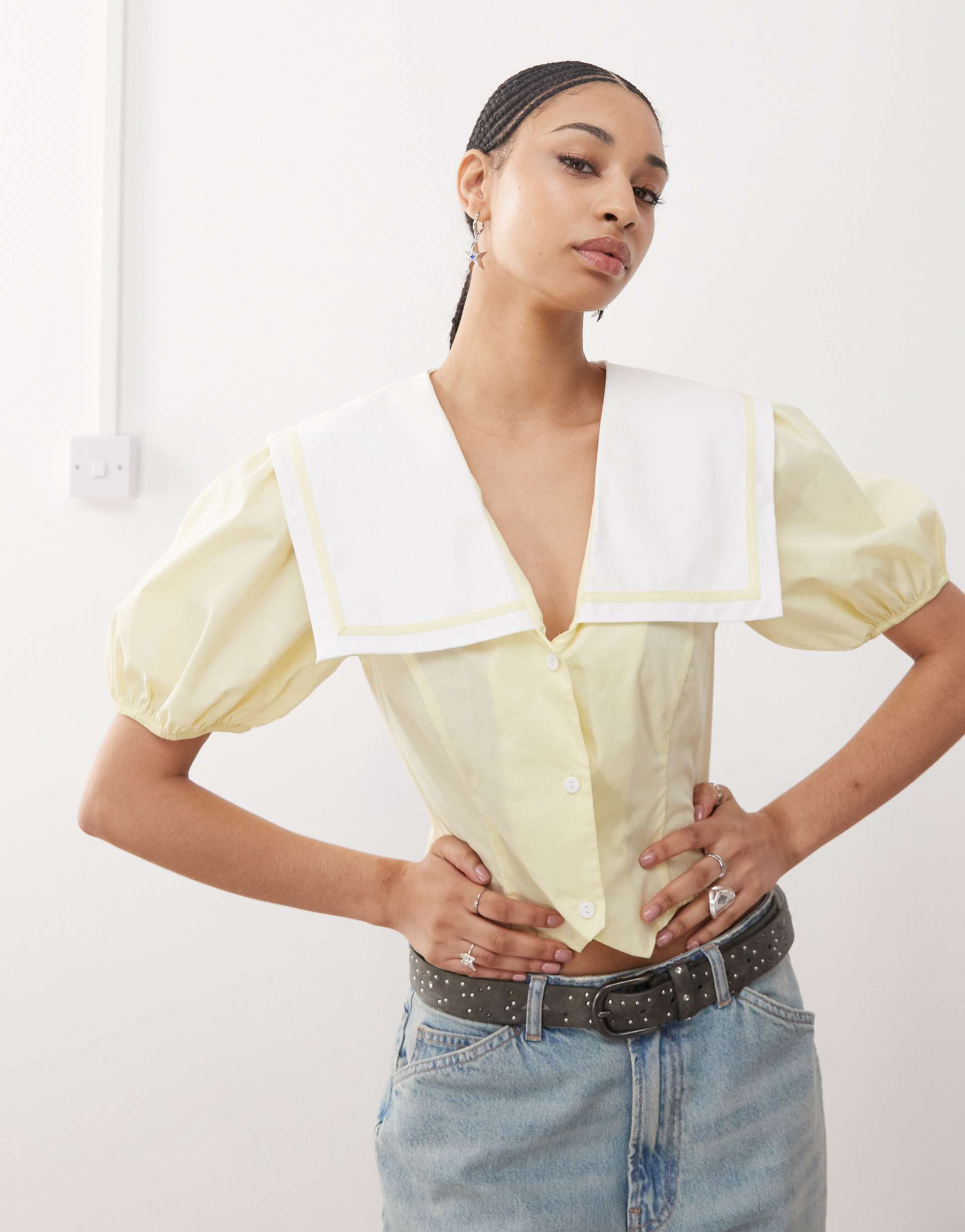 reclaimed vintage cinched in sailor collar blouse in buttermilk yellow