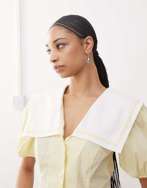 Reclaimed Vintage cinched in sailor collar blouse in buttermilk yellow , 2 of 4