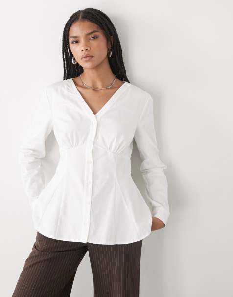 Reclaimed Vintage cinched shirt with seam details and peplum hem in white - view 1