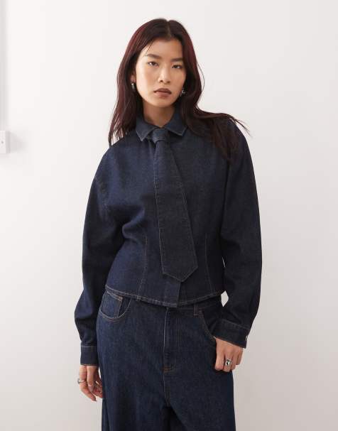 Reclaimed Vintage cinched waist denim shirt with matching tie in indigo - view 1