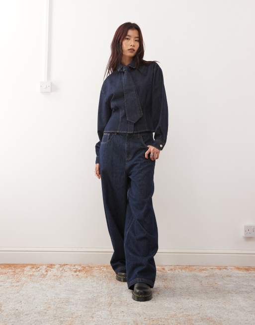 Reclaimed Vintage cinched waist denim shirt with matching tie in indigo, 3 of 4