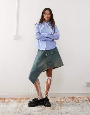Reclaimed Vintage cinched waist fitted shirt with lace tie detail in blue pinstripe