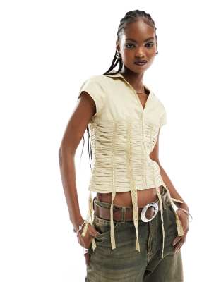 cinched waist shirt with shirring and tie detail-Multi